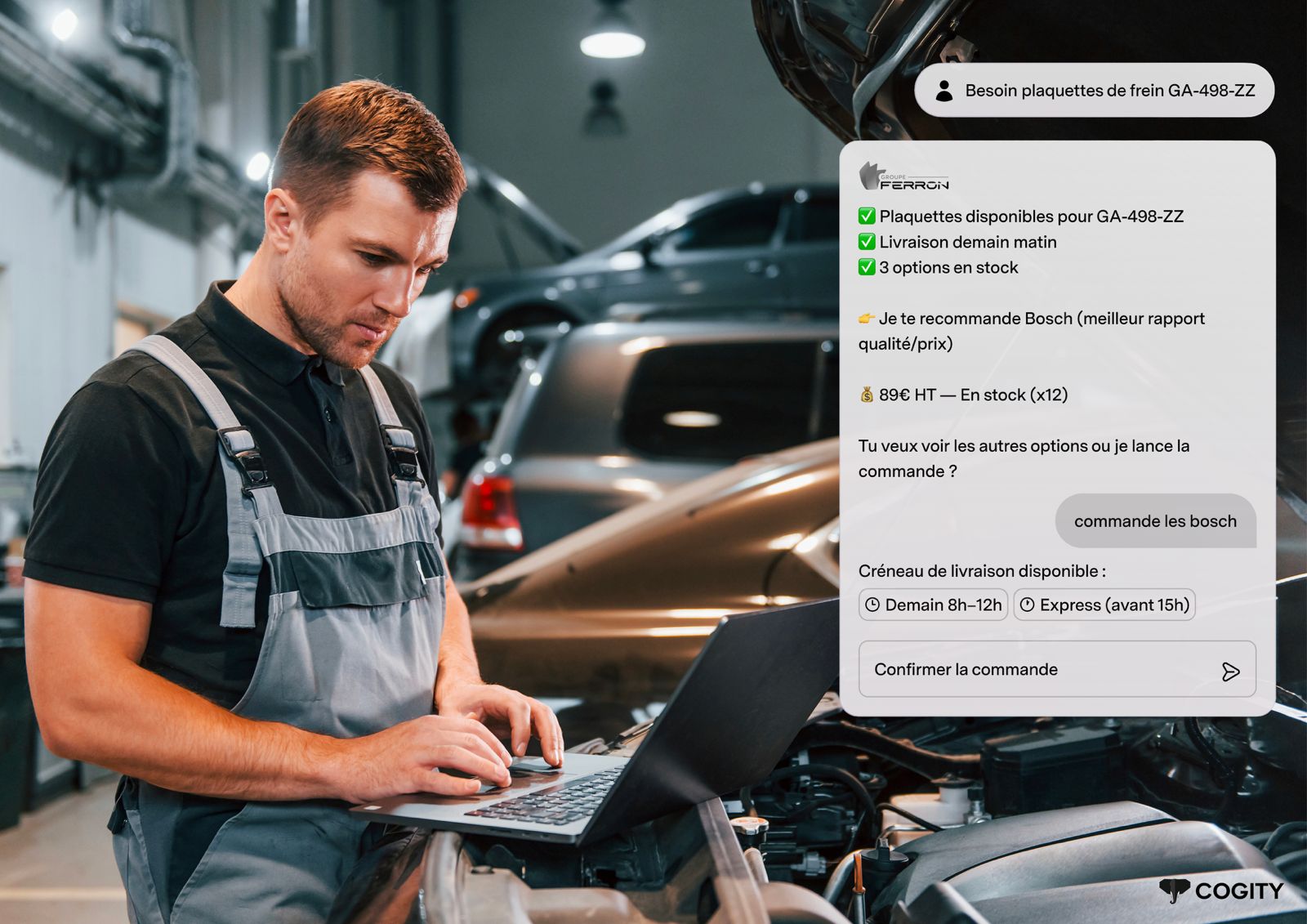 Agent Cogity connecté aux données catalogue et stock — recherche produit et suggestion de commande